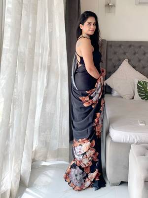 Black black & orange floral printed beads & stones satin saree 3