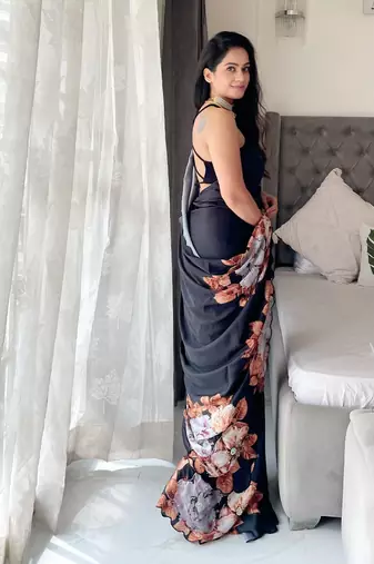 Black black & orange floral printed beads & stones satin saree
