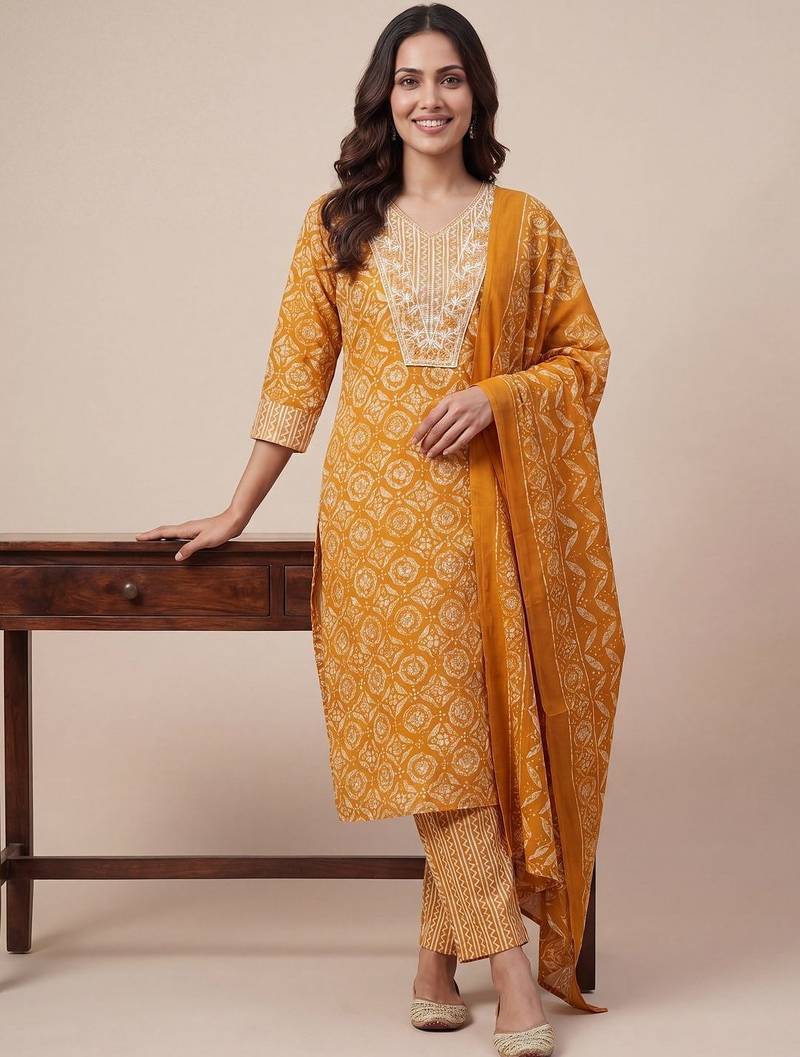 women ethnic motifs printed regular kurta with trousers & with dupatta