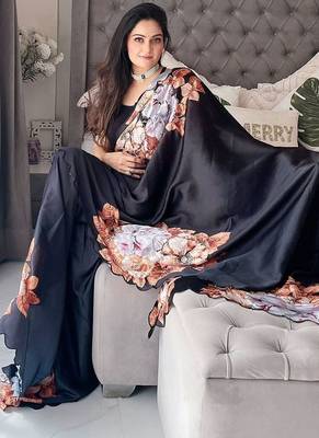 Black black & orange floral printed beads & stones satin saree 4