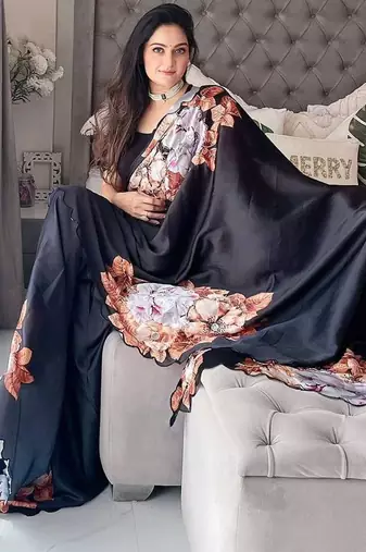 Black black & orange floral printed beads & stones satin saree