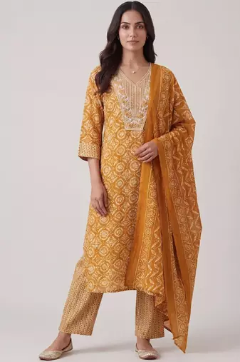 women ethnic motifs printed regular kurta with trousers & with dupatta