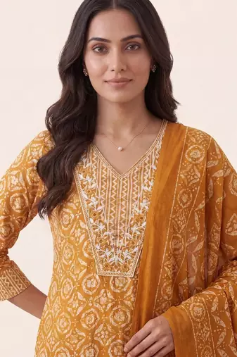 women ethnic motifs printed regular kurta with trousers & with dupatta