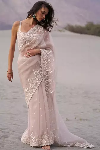 Rose embellished embroidered organza heavy work saree