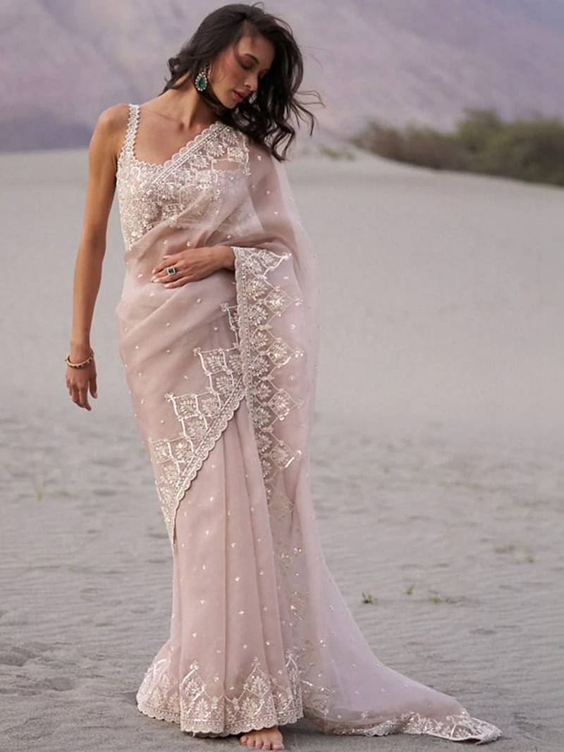 Rose embellished embroidered organza heavy work saree