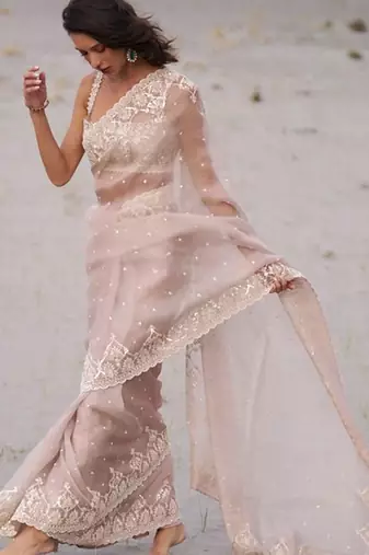 Rose embellished embroidered organza heavy work saree