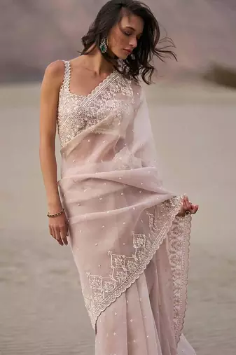 Rose embellished embroidered organza heavy work saree