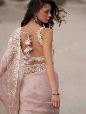 Rose embellished embroidered organza heavy work saree 4