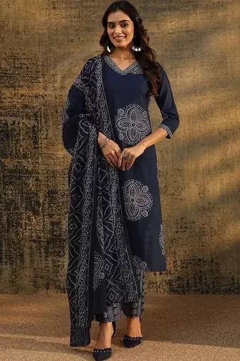 indigo blue bandhani printed cotton straight suit set