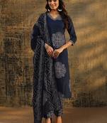 indigo blue bandhani printed cotton straight suit set