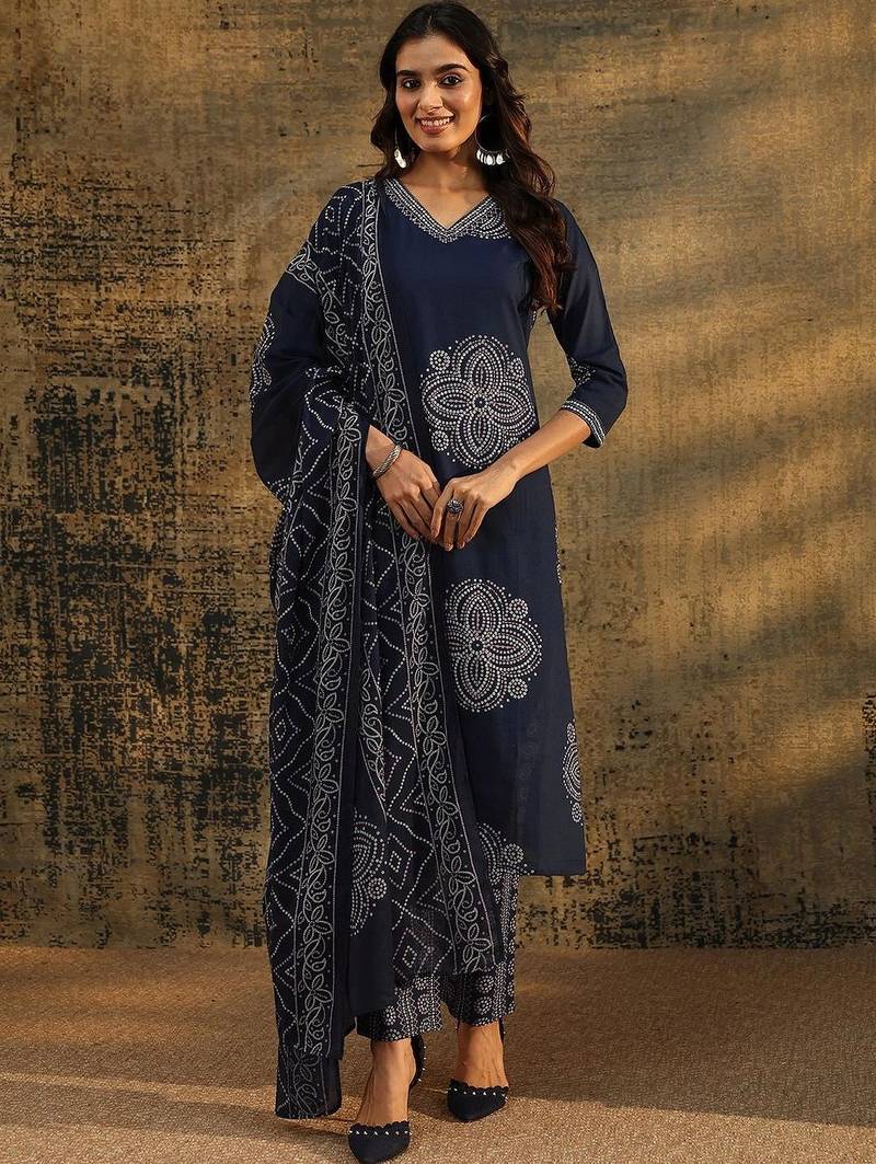 indigo blue bandhani printed cotton straight suit set