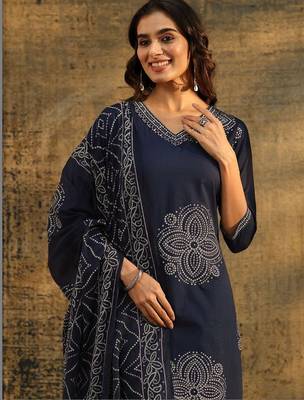 indigo blue bandhani printed cotton straight suit set 2
