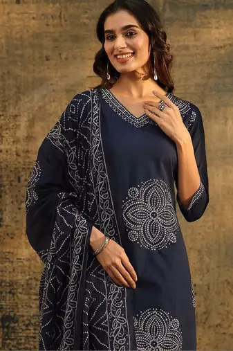 indigo blue bandhani printed cotton straight suit set