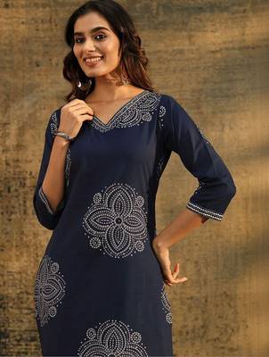 indigo blue bandhani printed cotton straight suit set 3