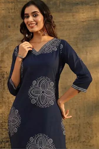 indigo blue bandhani printed cotton straight suit set