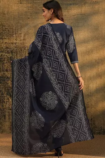 indigo blue bandhani printed cotton straight suit set
