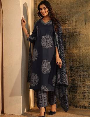 indigo blue bandhani printed cotton straight suit set 5