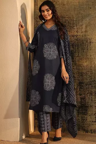 indigo blue bandhani printed cotton straight suit set