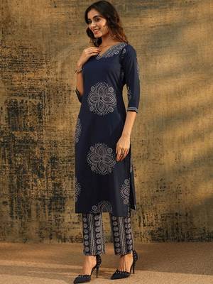 indigo blue bandhani printed cotton straight suit set 6