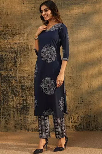 indigo blue bandhani printed cotton straight suit set