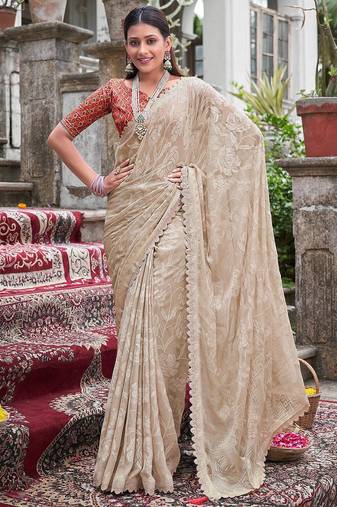 Cream floral  chiffon bagru saree