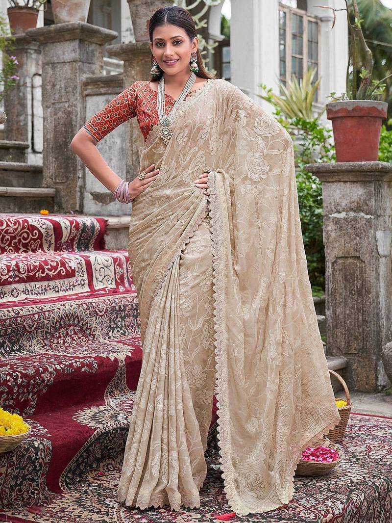 Cream floral  chiffon bagru saree