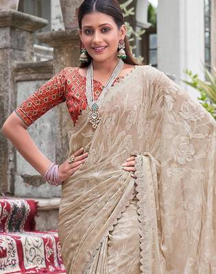 Cream floral  chiffon bagru saree 2