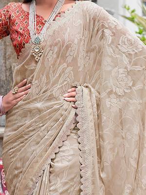 Cream floral  chiffon bagru saree 3