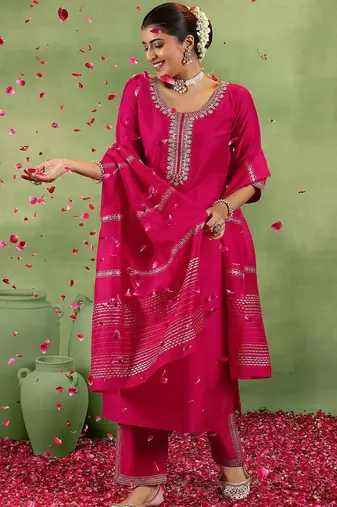 women ethnic motifs yoke design regular kurta with trousers & with dupatta