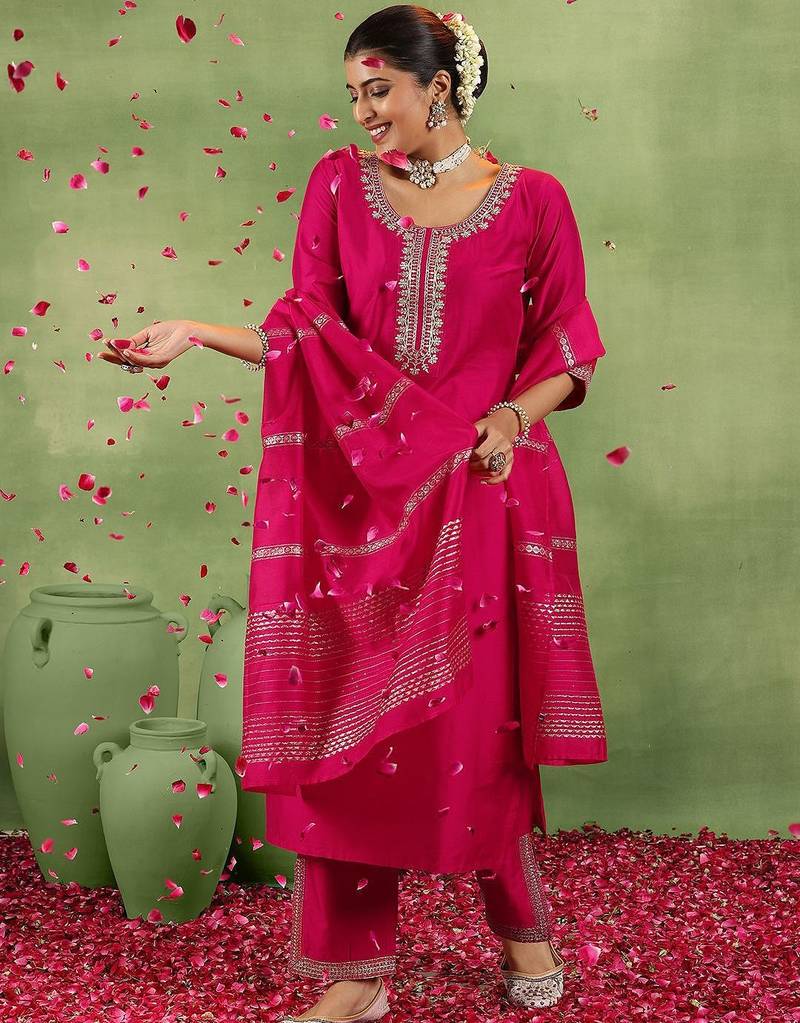 women ethnic motifs yoke design regular kurta with trousers & with dupatta