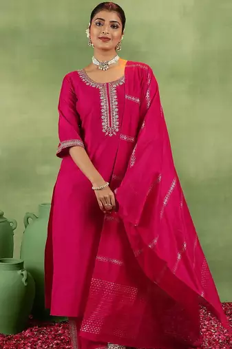 women ethnic motifs yoke design regular kurta with trousers & with dupatta