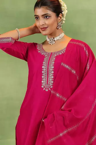 women ethnic motifs yoke design regular kurta with trousers & with dupatta