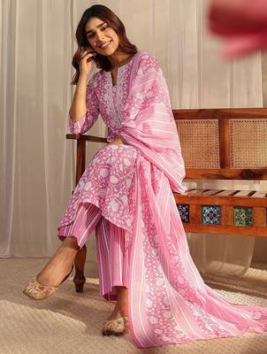 libas pink floral printed cotton a-line suit set with dupatta 1