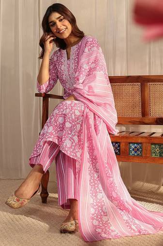 libas pink floral printed cotton a-line suit set with dupatta