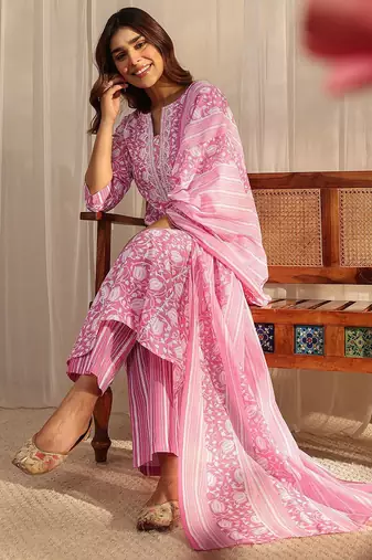 libas pink floral printed cotton a-line suit set with dupatta