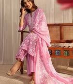 libas pink floral printed cotton a-line suit set with dupatta