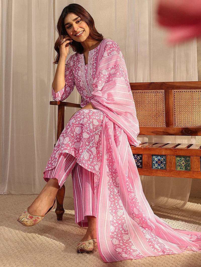 libas pink floral printed cotton a-line suit set with dupatta