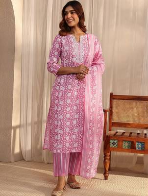 libas pink floral printed cotton a-line suit set with dupatta 2