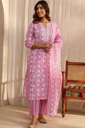 libas pink floral printed cotton a-line suit set with dupatta