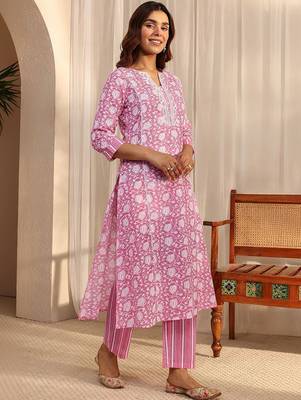 libas pink floral printed cotton a-line suit set with dupatta 3