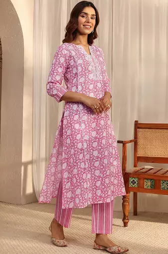 libas pink floral printed cotton a-line suit set with dupatta