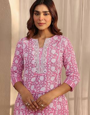 libas pink floral printed cotton a-line suit set with dupatta 5