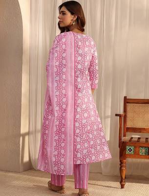 libas pink floral printed cotton a-line suit set with dupatta 6
