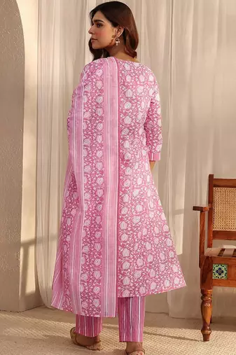 libas pink floral printed cotton a-line suit set with dupatta
