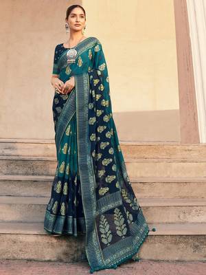 Teal ethnic motifs zari poly georgette saree 2