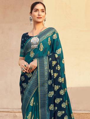 Teal ethnic motifs zari poly georgette saree 3