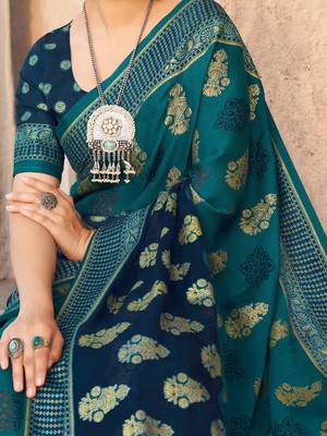Teal ethnic motifs zari poly georgette saree 4