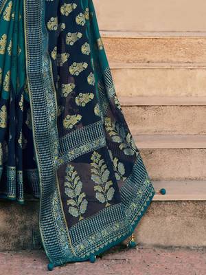 Teal ethnic motifs zari poly georgette saree 5