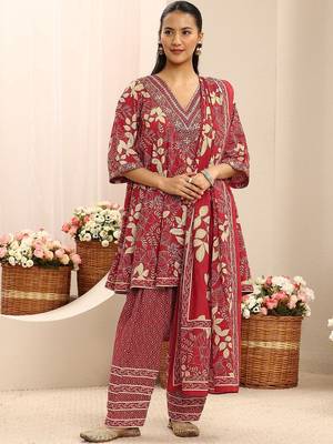 red floral printed cotton a-line suit set with dupatta 1