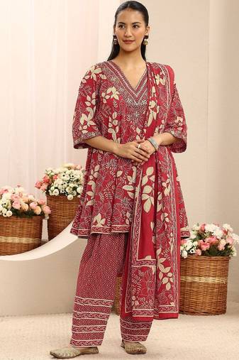 red floral printed cotton a-line suit set with dupatta